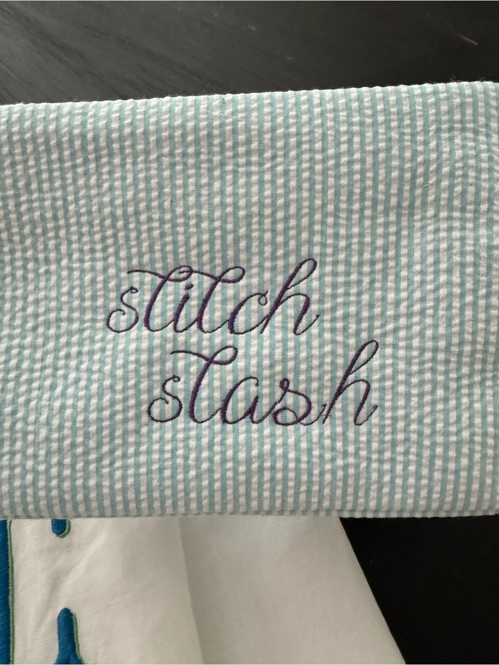 Embroidered 'stitch stash' Seersucker zippered bag pouch - needlepoint